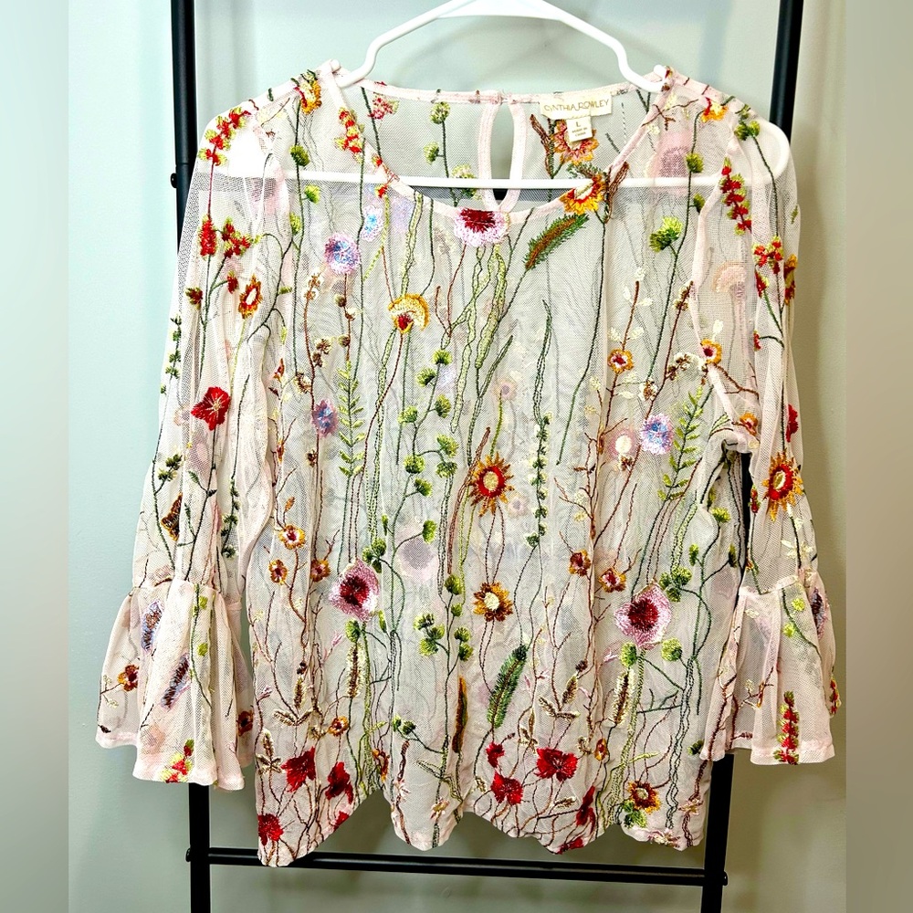 Cynthia Rowley Sheer Floral Embroidered Top Whimsical Romantic Boho